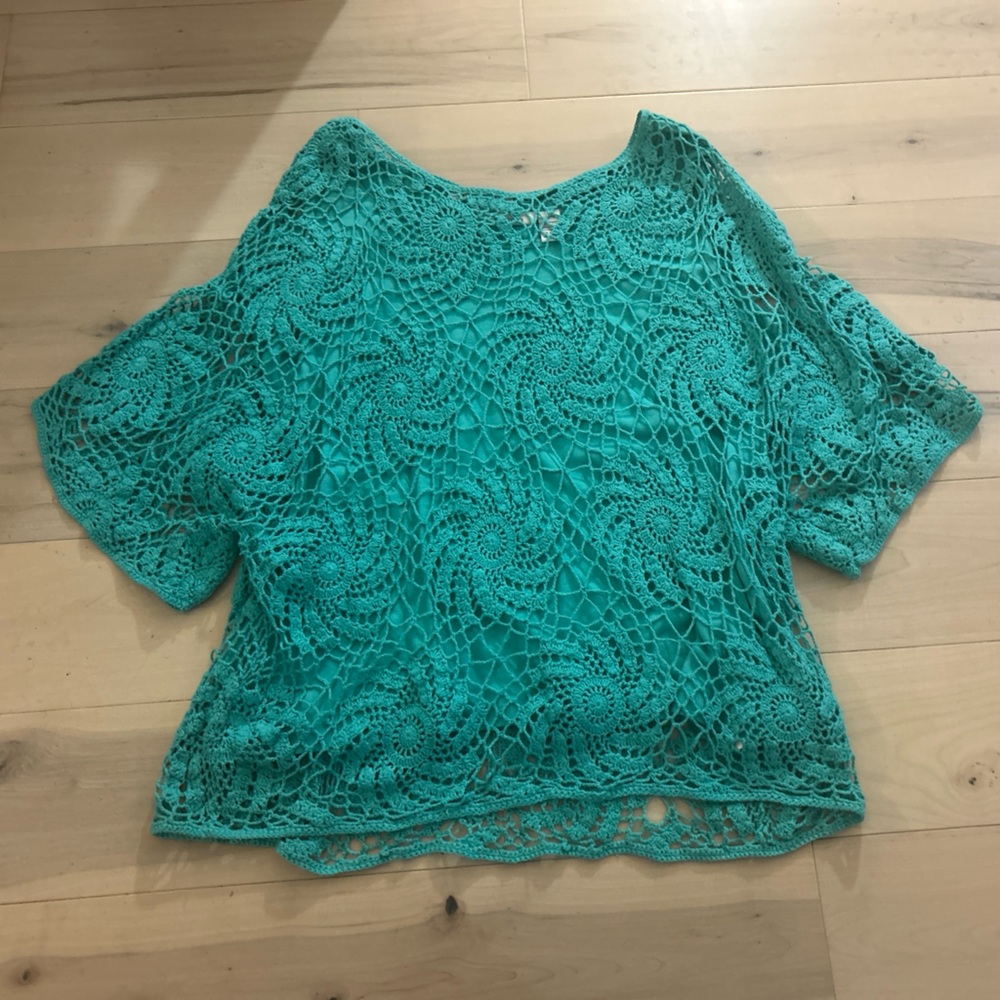 Roaman's 3X Relaxed Pullover Crochet Top And Tank Minty Teal Medallion Cotton - Picture 7 of 10